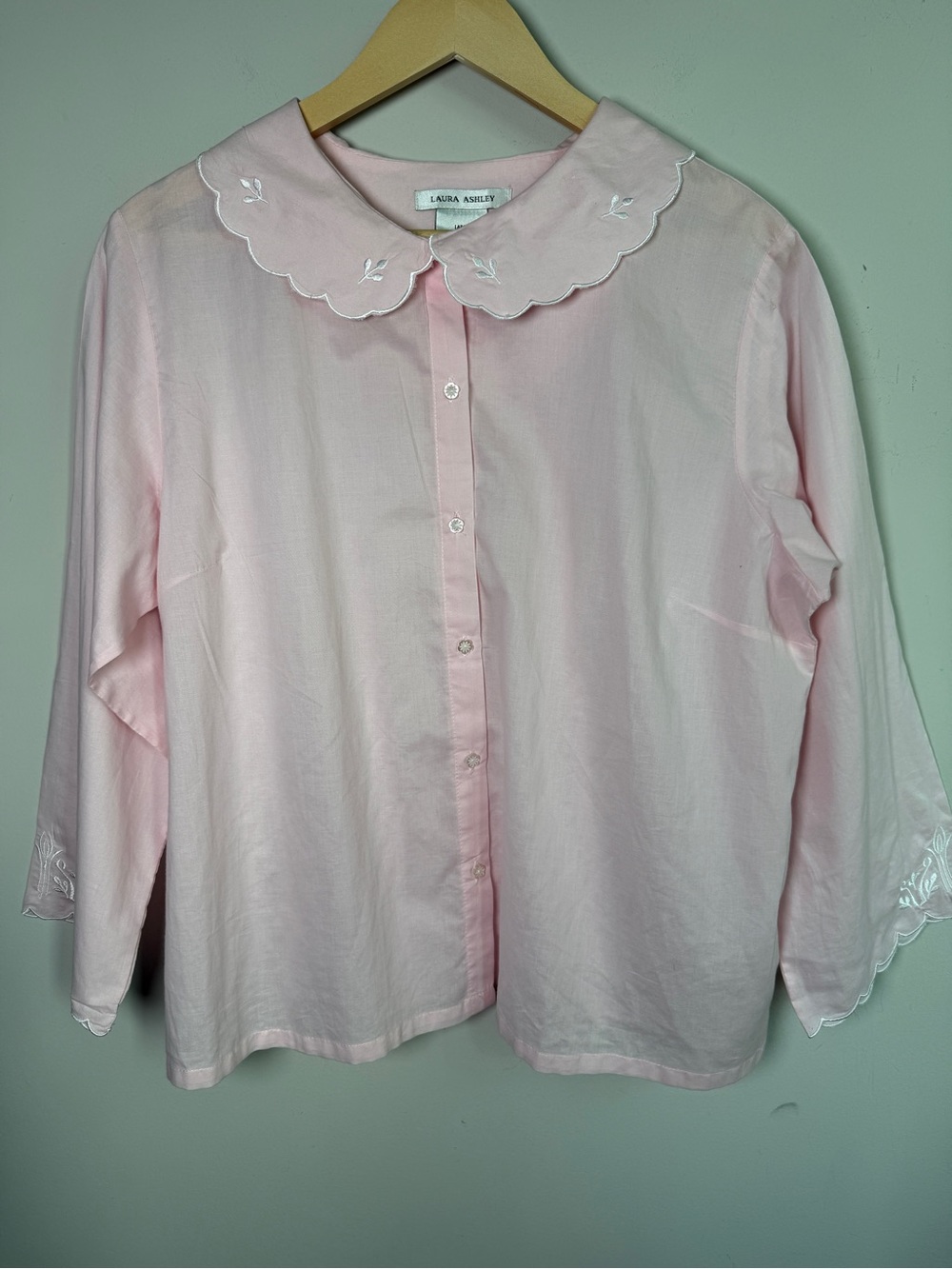 Laura Ashley Pink Cotton Pajama Top Scalloped Collar Embroidered Sz L